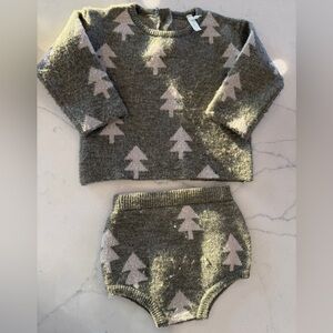 Rylee and Cru Tree Sweater Set bloomers Green and Cream Christmas 12 18 months
